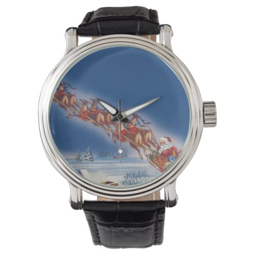 Vintage Christmas Santa Flying Sleigh w Reindeer Watch