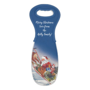 Vintage Christmas, Santa Flying Sleigh w Reindeer Wine Bag
