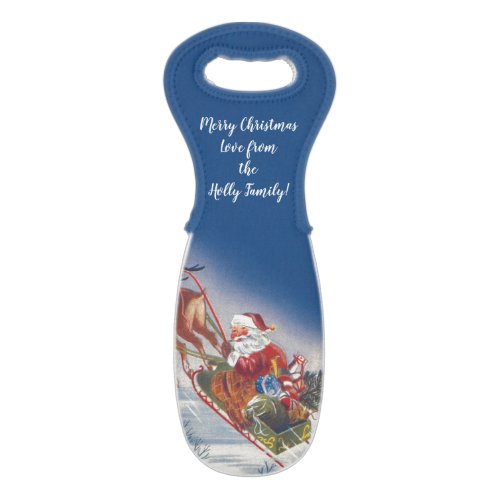 Vintage Christmas Santa Flying Sleigh w Reindeer Wine Bag