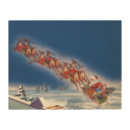 Vintage Christmas Santa Flying Sleigh w Reindeer Wood Wall Decor
