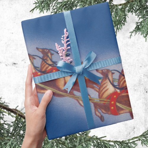 Vintage Christmas Santa Flying Sleigh w Reindeer Wrapping Paper