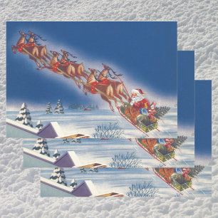 Vintage Christmas, Santa Flying Sleigh w Reindeer Wrapping Paper Sheets