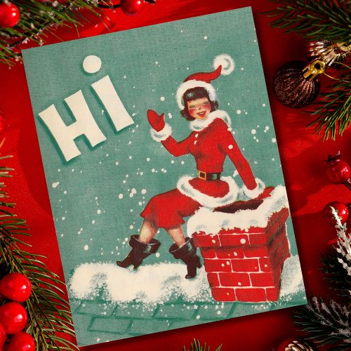 Vintage Christmas Santa Girl On Rooftop Holiday Card