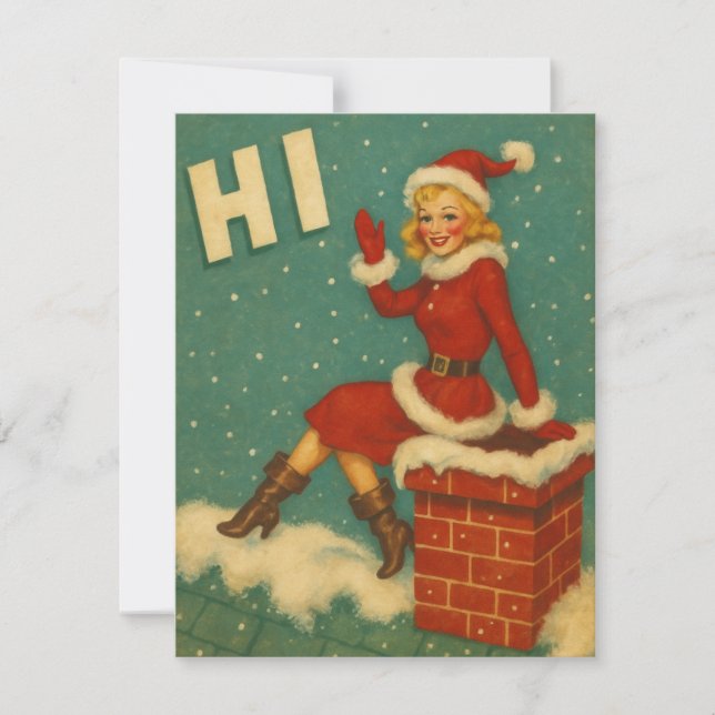 Vintage Christmas Santa Girl On Rooftop  Holiday Card (Front)