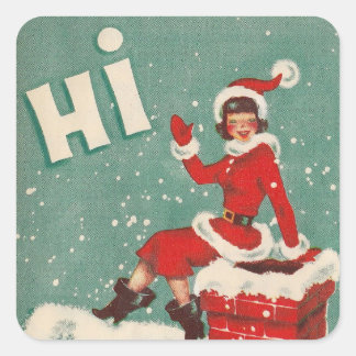 Vintage Christmas Santa Girl On Rooftop Square Sticker