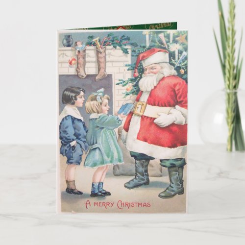 Vintage Christmas Santa Giving Presents Holiday Card