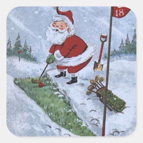 Vintage Christmas Santa Golfing Square Sticker