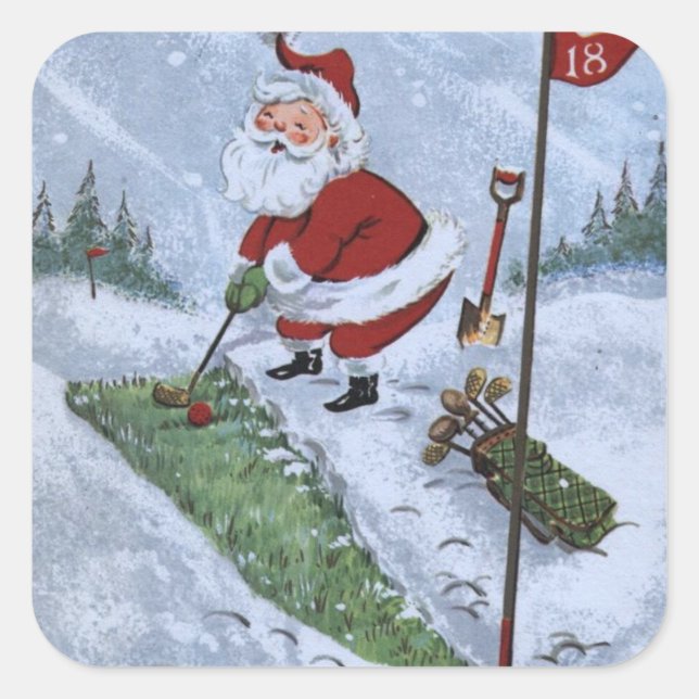 Vintage Christmas Santa Golfing Square Sticker (Front)