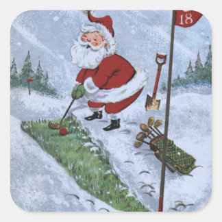 Vintage Christmas Santa Golfing Square Sticker