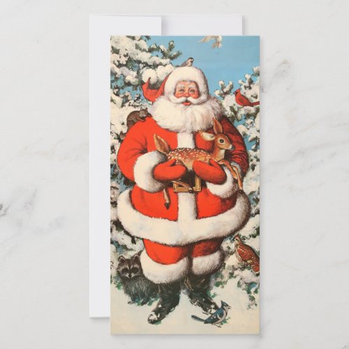 Vintage Christmas Santa Holding Baby Deer Holiday Card