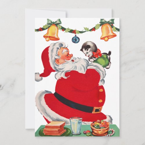 Vintage Christmas Santa Holding Kitten Holiday Card