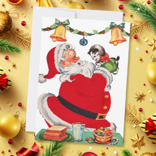 Vintage Christmas Santa Holding Kitten Holiday Card