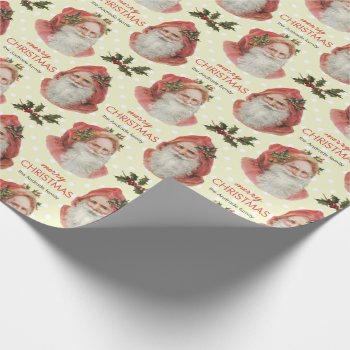 Vintage Christmas Santa Holly Beige Personalized Wrapping Paper by red_dress at Zazzle
