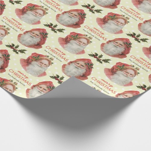 Vintage Christmas Santa Holly Beige Personalized Wrapping Paper
