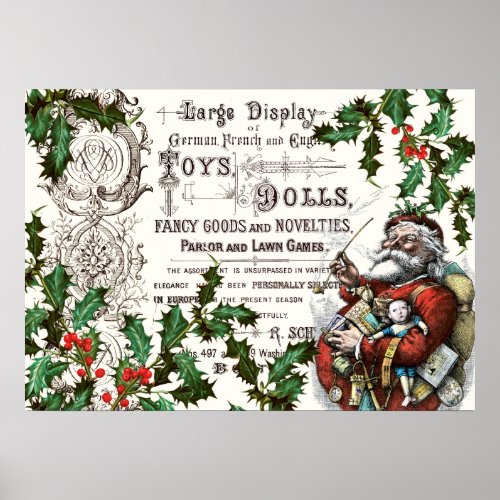 VINTAGE CHRISTMAS SANTA  HOLLY DECOUPAGE PRINT