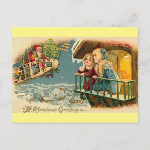 Vintage Christmas santa in airplane balloon Postcard