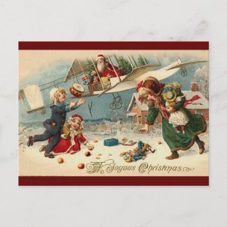 Vintage Christmas santa in airplane children toys Postcard