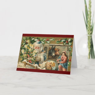 Vintage Christmas Santa IN NATIVITY SCENE Holiday Card