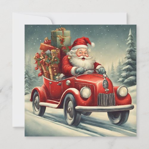 Vintage Christmas Santa in Red Car  Holiday Card