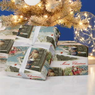 Vintage Christmas Santa in the Airplane and Kids Wrapping Paper