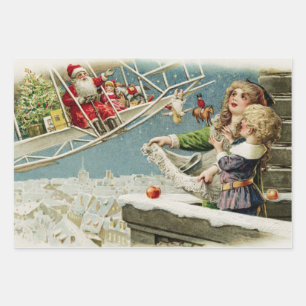 Vintage Christmas Santa in the Airplane and Kids Wrapping Paper Sheets