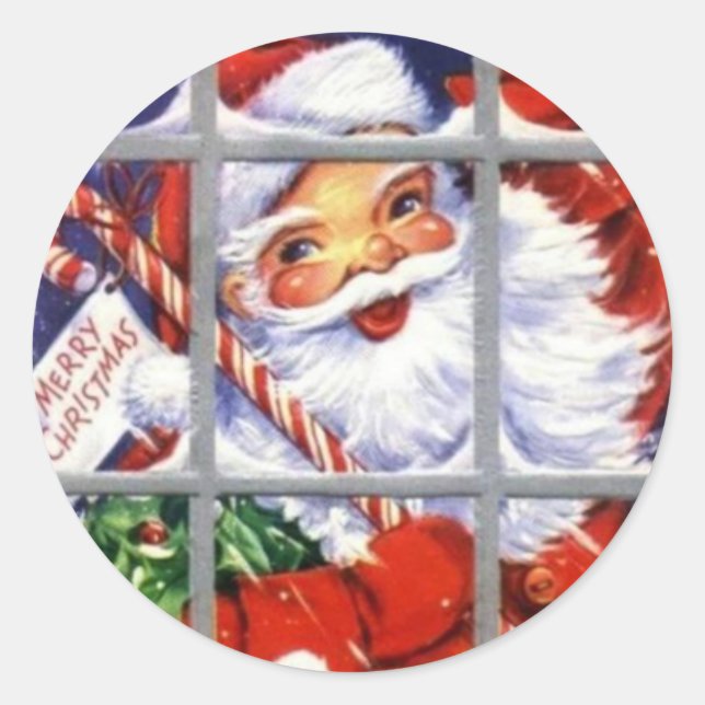 Vintage Christmas Santa In Window Classic Round Sticker (Front)