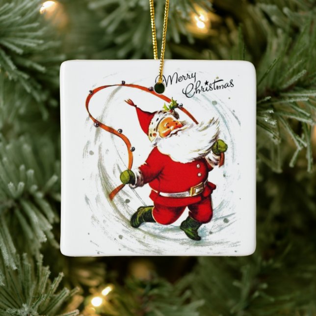Vintage Christmas Santa Jump Roping Ceramic Ornament (Tree)
