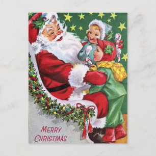 Vintage Christmas Santa kid Holiday postcard