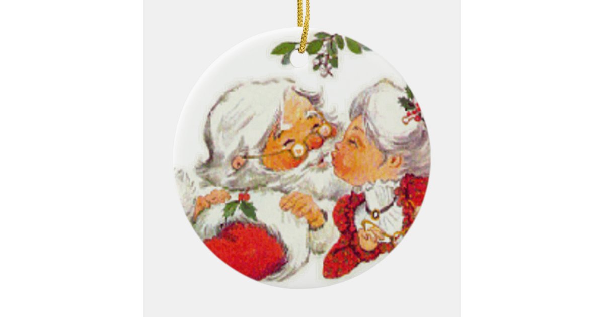 Vintage Christmas Santa Kissing Mrs Claus Ceramic Ornament | Zazzle