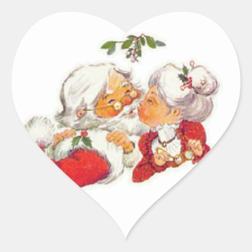 Vintage Christmas Santa Kissing Mrs Claus Heart Sticker