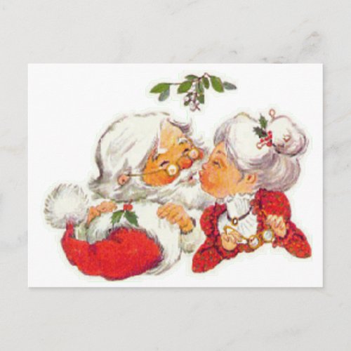Vintage Christmas Santa Kissing Mrs Claus Holiday Postcard