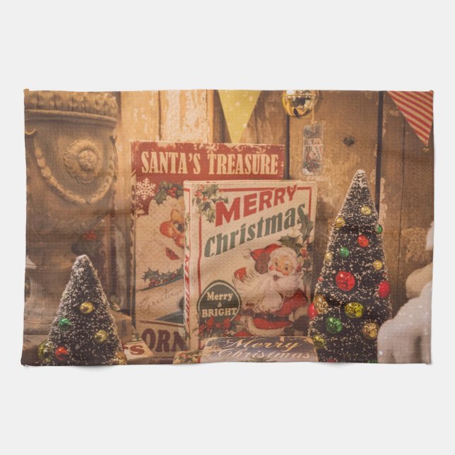 Vintage Christmas Santa lights & trees kitchen Towel (Horizontal)