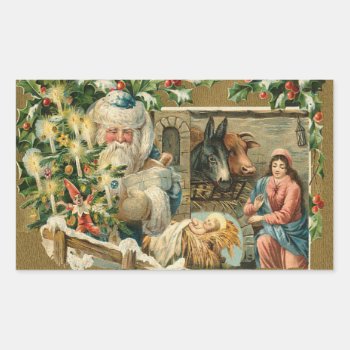 Vintage Christmas Santa Nativity Rectangular Sticker by vintagecreations at Zazzle