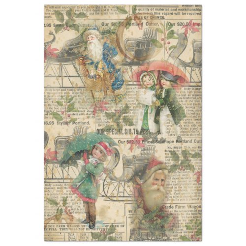 Vintage Christmas Santa Old Newspaper Children  Tissue Paper