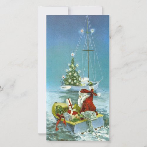 Vintage Christmas Santa On Boat With Gifts Holiday Card