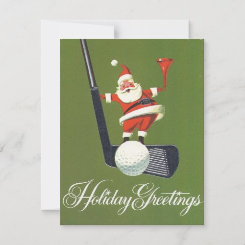 Vintage Christmas Santa On Golf Club Holiday Card