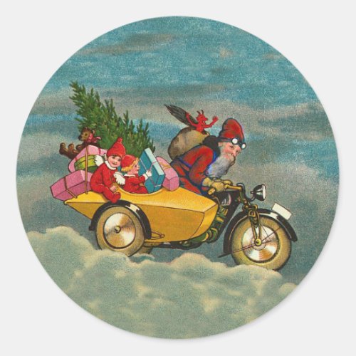 Vintage Christmas santa on motorbike round LARGE Classic Round Sticker