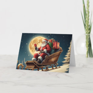 Vintage Christmas Santa on the Sleigh, Full Moon  Holiday Card