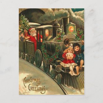 Vintage Christmas Santa On Train Holiday Postcard by greetingcardsonline at Zazzle