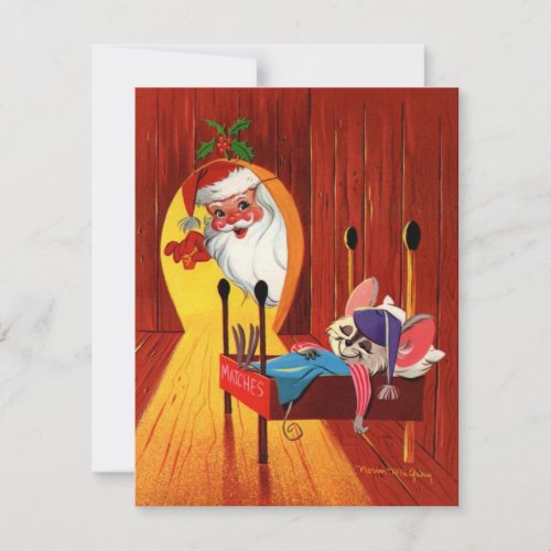 Vintage Christmas Santa Peeking Through Mouse Hole Holiday Card