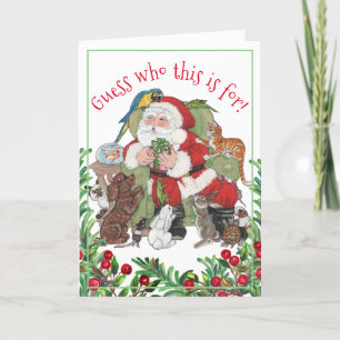 Vintage Christmas Santa Pet Animals Dog Cat Bunny Holiday Card