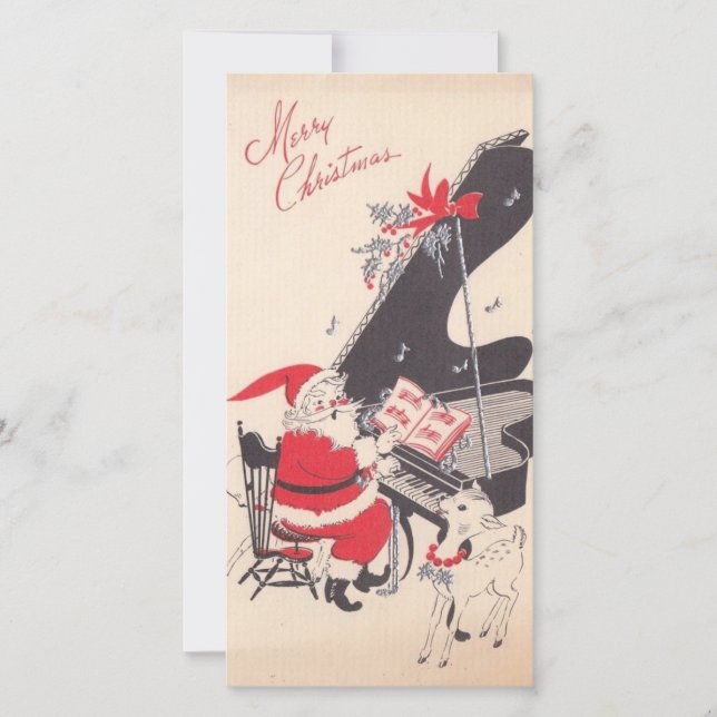 Vintage Christmas Santa Playing Piano For Deer Holiday Card (Front)