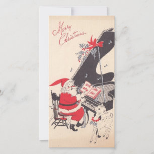 Vintage Christmas Santa Playing Piano For Deer Holiday Card