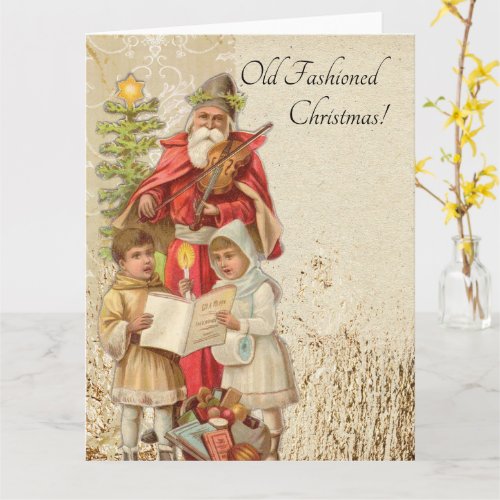 Vintage Christmas Santa Playing Violin Kids Tree Card
