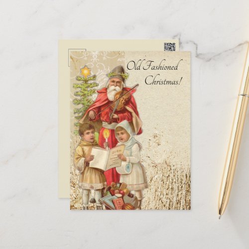 Vintage Christmas Santa Playing Violin Kids Tree Holiday Postcard