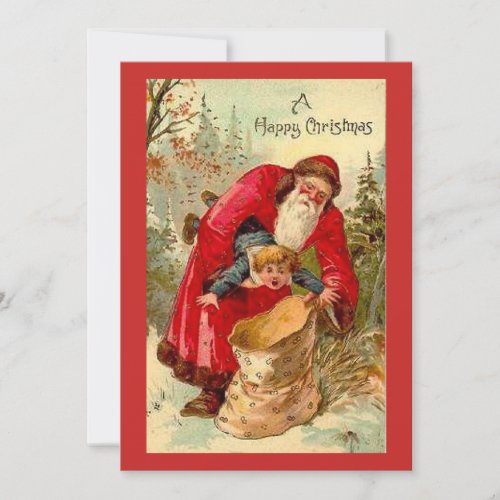 Vintage Christmas Santa Putting Child In Bag Holiday Card