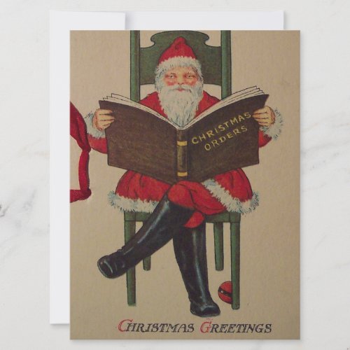 Vintage Christmas Santa Reading Book Holiday Card