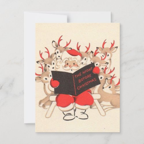 Vintage Christmas Santa Reading To Reindeer Holiday Card