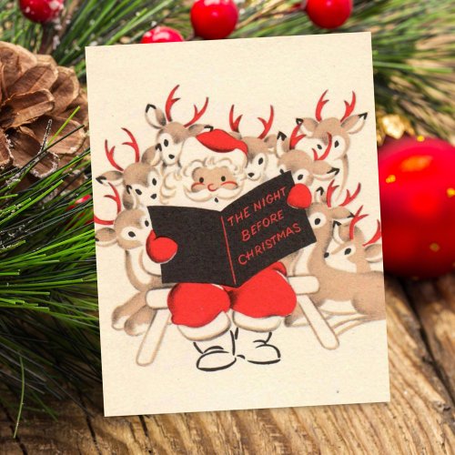 Vintage Christmas Santa Reading To Reindeer Holiday Card