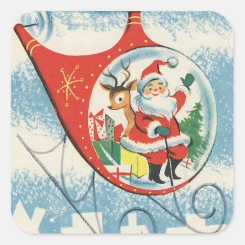 Vintage Christmas Santa Reindeer Flying helicopter Square Sticker